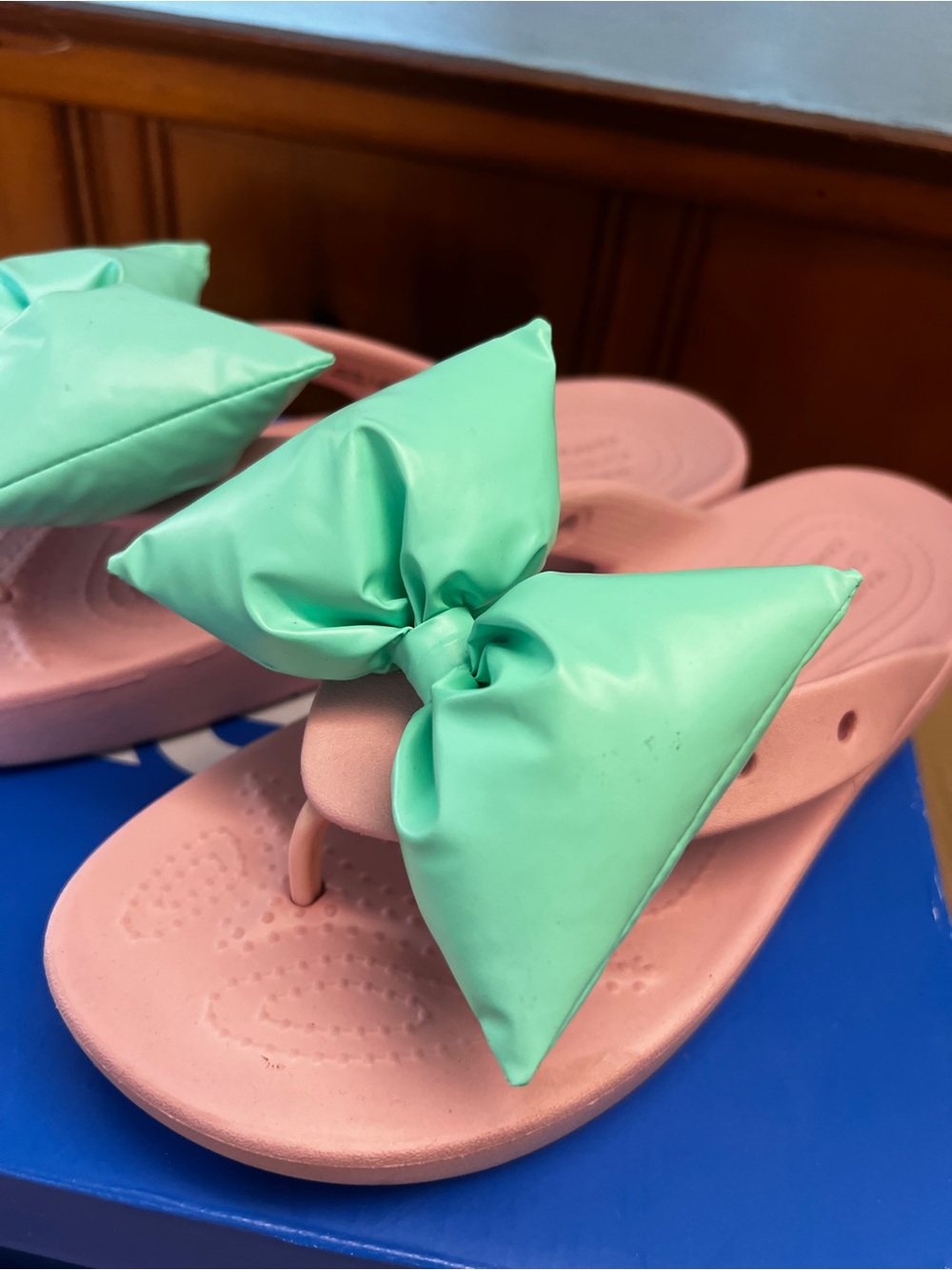 Crocs Pink Flip Flop Sandals with Puffy Mint Green Bow